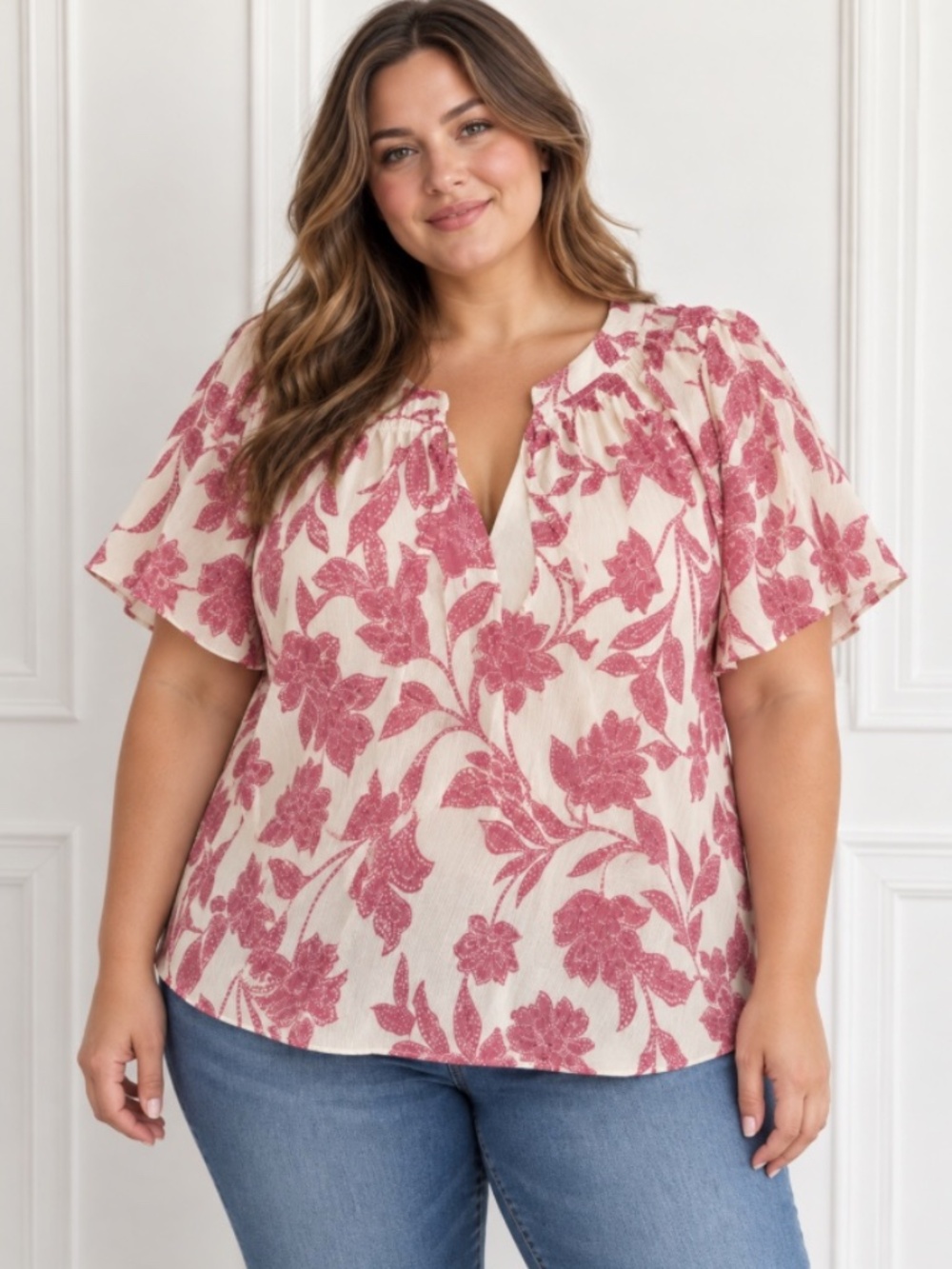 Lauren Conrad Short Sleeve Floral Pink & White Lightweight Blouse Size 3X